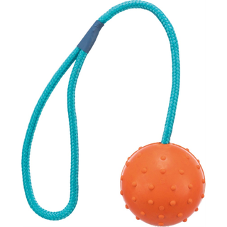 Gummiboll 6 cm med rep 30 cm, petrol/orange